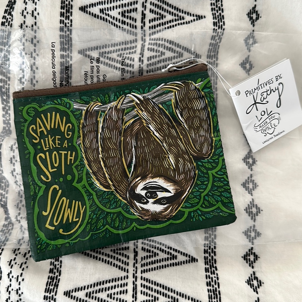 Primitives by Kathy Small zip Wallet Coin Purse “Saving Like a Sloth SLOWLY”